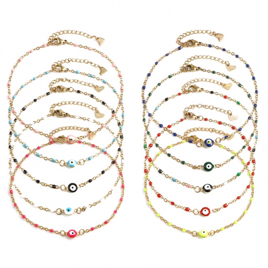 Picture of Stainless Steel Religious Anklet Gold Plated Multicolor Enamel Round Evil Eye 25cm(9 7/8") long, 1 Piece