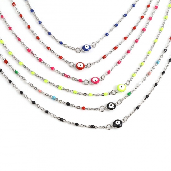 Picture of Stainless Steel Religious Link Cable Chain Findings Necklace Silver Tone Multicolor Round Evil Eye Enamel 45.5cm - 45cm long, 1 Piece