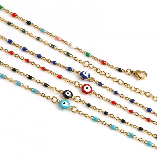 Picture of Stainless Steel Religious Link Cable Chain Findings Necklace Gold Plated Multicolor Round Evil Eye Enamel 45.5cm - 45cm long, 1 Piece