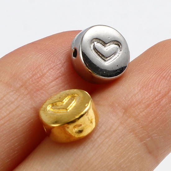 Picture of Zinc Based Alloy Valentine's Day Spacer Beads Flat Round Multicolor Heart About 8mm Dia., Hole: Approx 1.2mm, 30 PCs