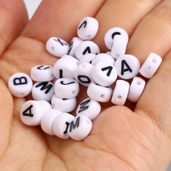 Picture of Acrylic Beads Flat Round Black & White Initial Alphabet/ Capital Letter Pattern About 7mm Dia., Hole: Approx 1.4mm, 500 PCs