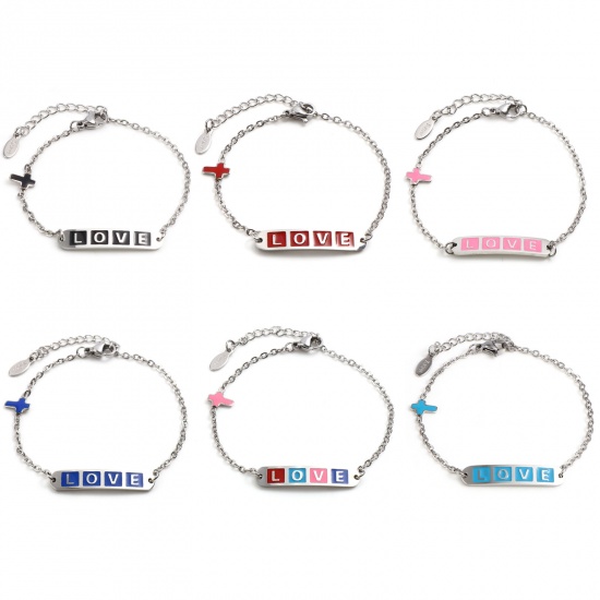 Picture of Stainless Steel Valentine's Day Link Cable Chain Bracelets Silver Tone Multicolor Oval Cross Word Message " LOVE " Enamel 17cm(6 6/8")-16.5cm(6 4/8") long, 1 Piece