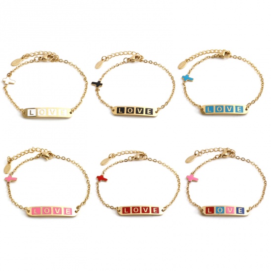 Picture of Stainless Steel Valentine's Day Link Cable Chain Bracelets Gold Plated Multicolor Oval Cross Word Message " LOVE " Enamel 17cm(6 6/8")-16.5cm(6 4/8") long, 1 Piece