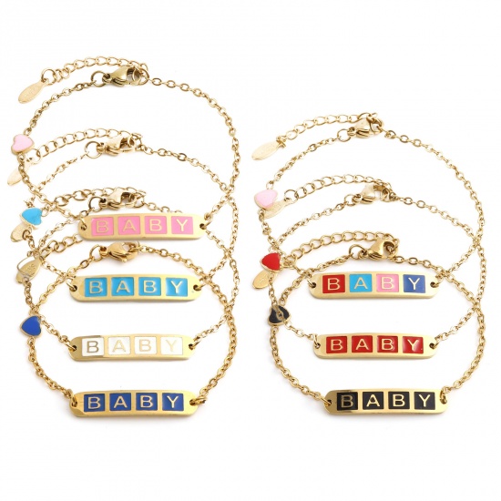 Picture of Stainless Steel Link Cable Chain Bracelets Gold Plated Multicolor Oval Heart Word Message " baby " Enamel 17cm(6 6/8")-16.5cm(6 4/8") long, 1 Piece