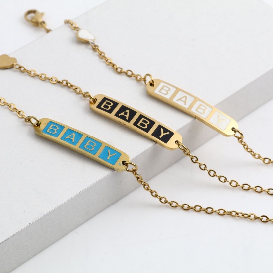 Picture of Stainless Steel Link Cable Chain Bracelets Gold Plated Multicolor Oval Heart Word Message " baby " Enamel 17cm(6 6/8")-16.5cm(6 4/8") long, 1 Piece