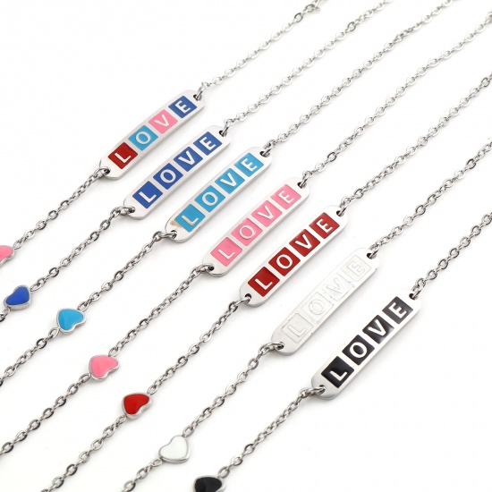 Picture of Stainless Steel Valentine's Day Link Cable Chain Bracelets Silver Tone Multicolor Oval Heart Word Message " LOVE " Enamel 17cm(6 6/8")-16.5cm(6 4/8") long, 1 Piece