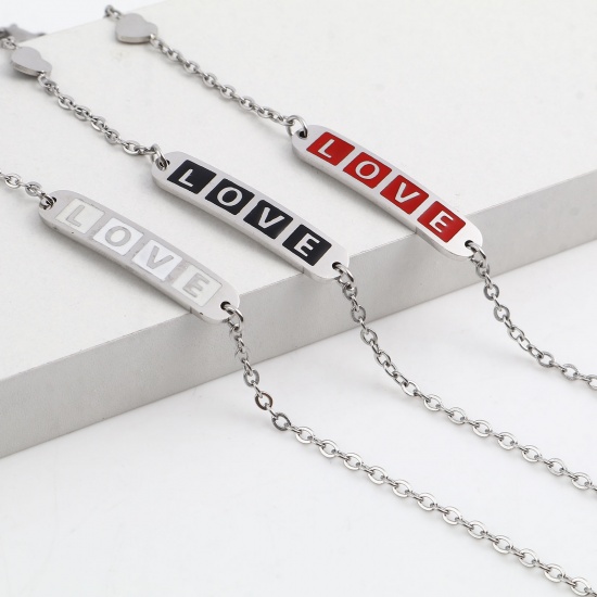 Picture of Stainless Steel Valentine's Day Link Cable Chain Bracelets Silver Tone Multicolor Oval Heart Word Message " LOVE " Enamel 17cm(6 6/8")-16.5cm(6 4/8") long, 1 Piece