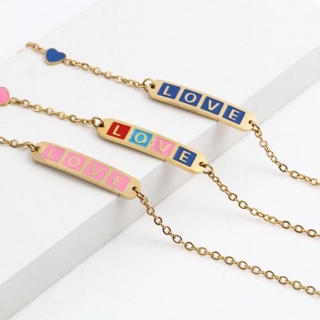 Acero Inoxidable día de San Valentín Cable Cadena Cruz Pulseras Chapado en Oro Multicolor Óvalo Corazón " Amor " Esmalte 17cm-16.5cm longitud, 1 Unidad