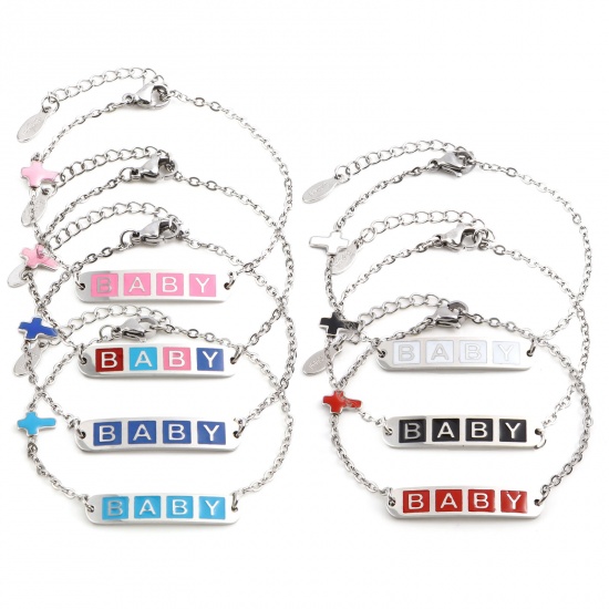 Picture of Stainless Steel Link Cable Chain Bracelets Silver Tone Multicolor Oval Cross Word Message " baby " Enamel 17cm(6 6/8")-16.5cm(6 4/8") long, 1 Piece