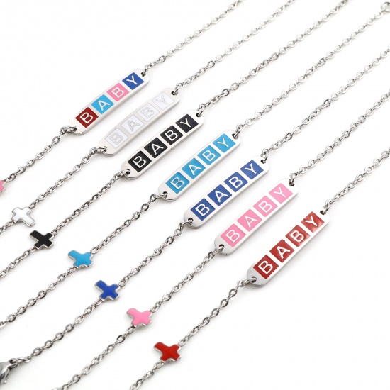 Picture of Stainless Steel Link Cable Chain Bracelets Silver Tone Multicolor Oval Cross Word Message " baby " Enamel 17cm(6 6/8")-16.5cm(6 4/8") long, 1 Piece