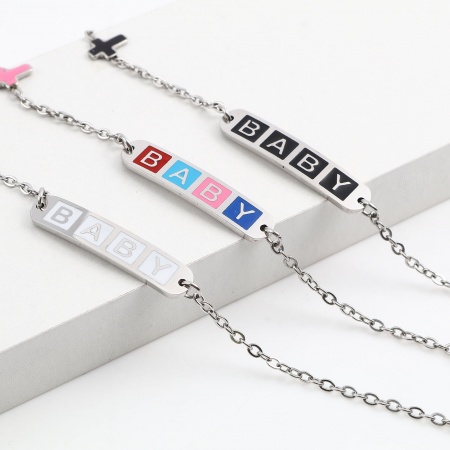 Edelstahl Gliederkette Kette Armband Silberfarbe Bunt Oval Kreuz Message " baby " Emaille 17cm-16.5cm lang, 1 Strang Edelstahl Gliederkette Kette Armband Silberfarbe Bunt Oval Kreuz Message " baby " Emaille 17cm-16.5cm lang, 1 Strang