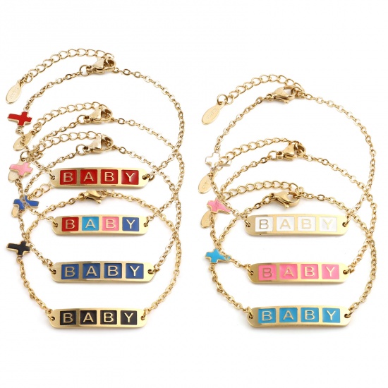 Image de Chaîne Maille Forçat Bracelets en Acier Inoxydable Doré Multicolore Ovale Croix Gravé Mot " baby " Émail 17cm-16.5cm long, 1 Pièce