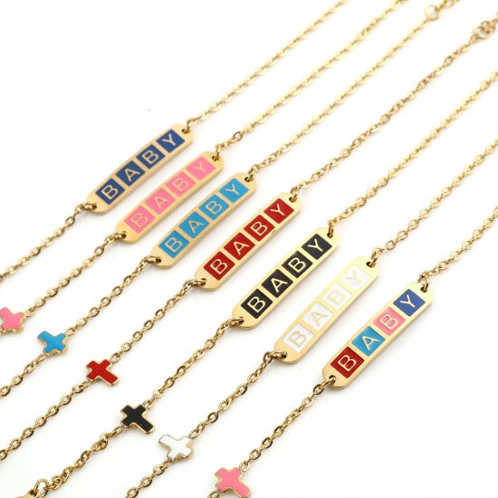 Image de Chaîne Maille Forçat Bracelets en Acier Inoxydable Doré Multicolore Ovale Croix Gravé Mot " baby " Émail 17cm-16.5cm long, 1 Pièce