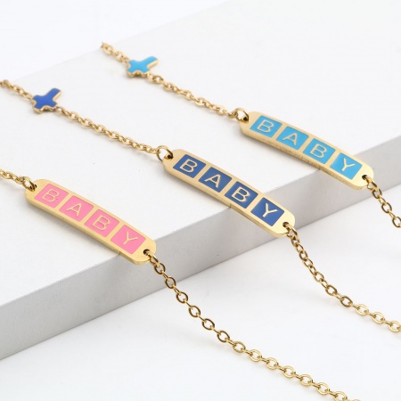 Stainless Steel Link Cable Chain Bracelets Gold Plated Multicolor Oval Cross Word Message " baby " Enamel 17cm(6 6/8")-16.5cm(6 4/8") long, 1 Piece