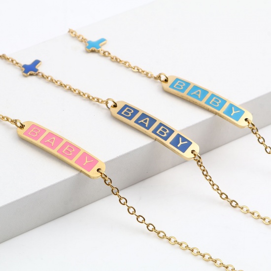 Image de Chaîne Maille Forçat Bracelets en Acier Inoxydable Doré Multicolore Ovale Croix Gravé Mot " baby " Émail 17cm-16.5cm long, 1 Pièce