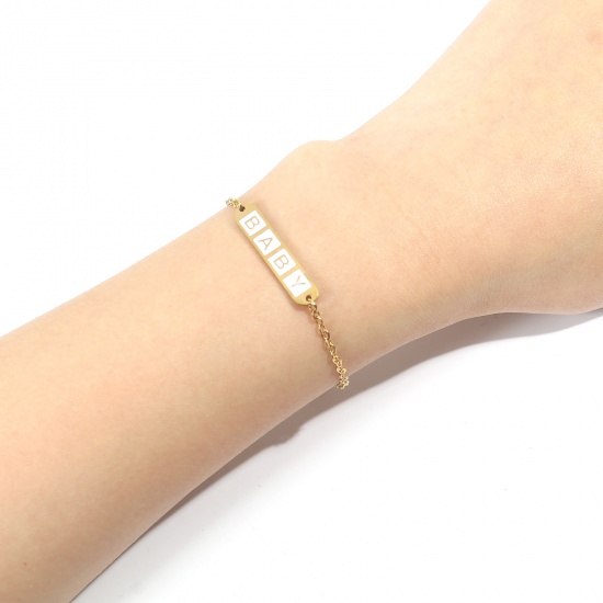 Image de Chaîne Maille Forçat Bracelets en Acier Inoxydable Doré Multicolore Ovale Croix Gravé Mot " baby " Émail 17cm-16.5cm long, 1 Pièce