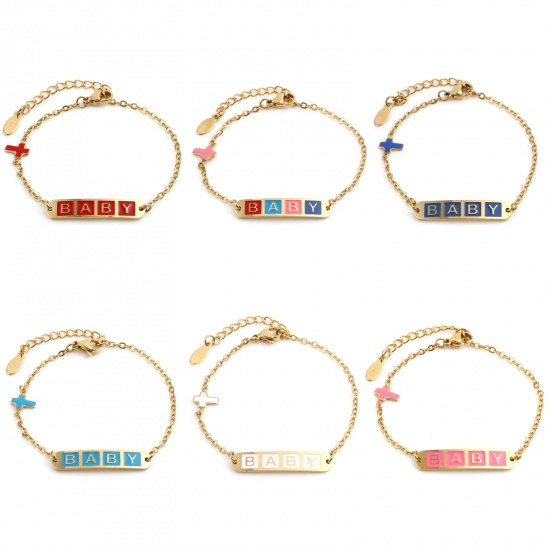 Image de Chaîne Maille Forçat Bracelets en Acier Inoxydable Doré Multicolore Ovale Croix Gravé Mot " baby " Émail 17cm-16.5cm long, 1 Pièce