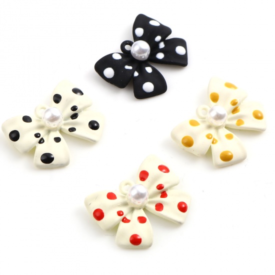 Picture of Zinc Based Alloy & Acrylic Painted Charms Bowknot Multicolor Imitation Pearl 22mm x 18mm, 5 PCs