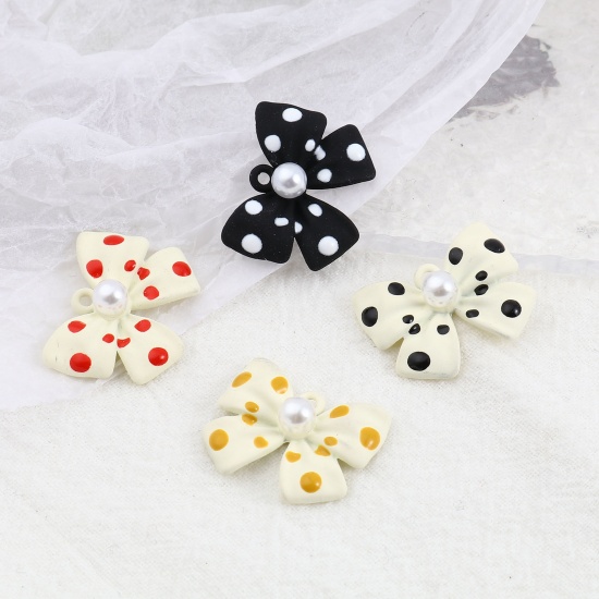 Picture of Zinc Based Alloy & Acrylic Painted Charms Bowknot Multicolor Imitation Pearl 22mm x 18mm, 5 PCs