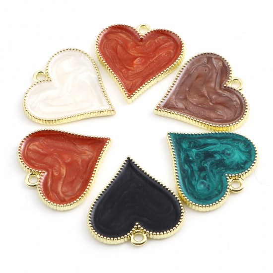 Picture of Zinc Based Alloy Valentine's Day Charms Heart Gold Plated Black Enamel 22mm x 22mm, 10 PCs