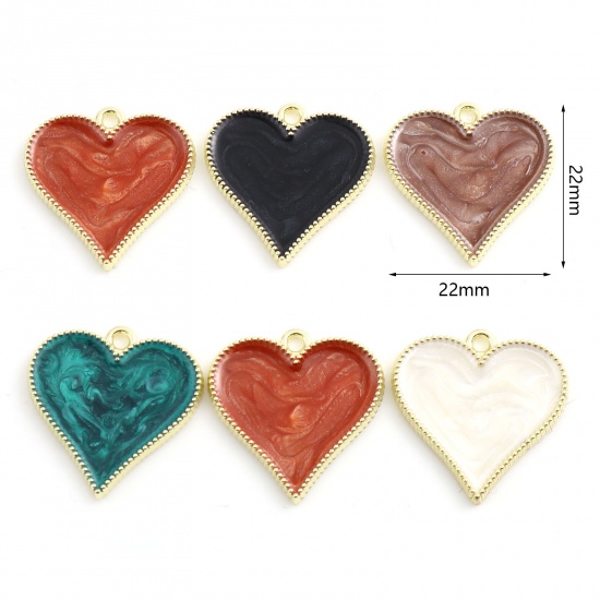 Picture of Zinc Based Alloy Valentine's Day Charms Heart Gold Plated Black Enamel 22mm x 22mm, 10 PCs