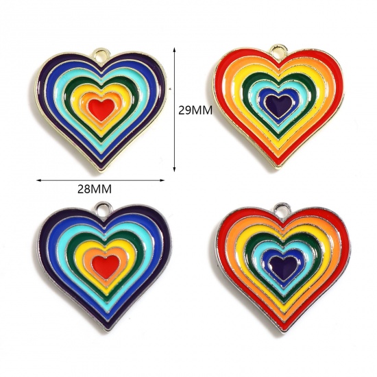 Imagen de Zamak día de San Valentín Colgantes Charms Corazón Tono de Plata Multicolor Esmalte 29mm x 28mm, 5 Unidades
