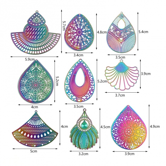 Picture of Iron Based Alloy Filigree Stamping Pendants Fan-shaped Multicolor Color Plated 4.5cm x 3.2cm, 5 PCs