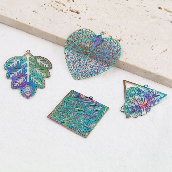 Picture of Iron Based Alloy Filigree Stamping Pendants Monstera Multicolor Triangle Color Plated 3.3cm x 3.2cm, 5 PCs