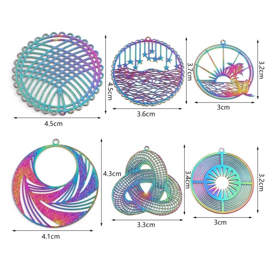 Image de Pendentifs Estampe en Filigrane en Alliage de Fer Rond Multicolore Soleil env. Plaqué 3.2cm x 3cm, 5 Pcs