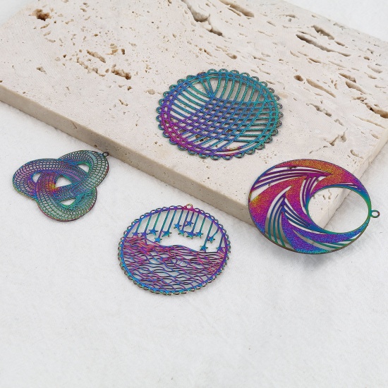 Image de Pendentifs Estampe en Filigrane en Alliage de Fer Rond Multicolore Soleil env. Plaqué 3.2cm x 3cm, 5 Pcs