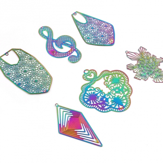 Picture of Iron Based Alloy Filigree Stamping Pendants Irregular Multicolor Stripe Color Plated 4.9cm x 3.5cm, 5 PCs