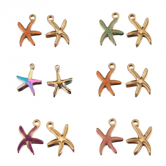 Picture of Stainless Steel Ocean Jewelry Charms Star Fish Gold Plated Multicolor Enamel 2 PCs