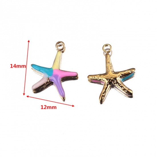 Picture of Stainless Steel Ocean Jewelry Charms Star Fish Gold Plated Multicolor Enamel 2 PCs