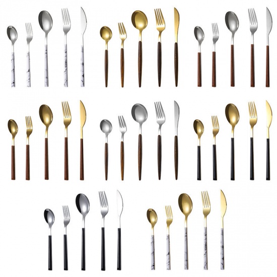 Picture of Golden - Stainless Steel Wood Handle Knife Fork Spoon 5PCs Set Flatware Cutlery Tableware 16cm - 22.5cm long, 1 Set