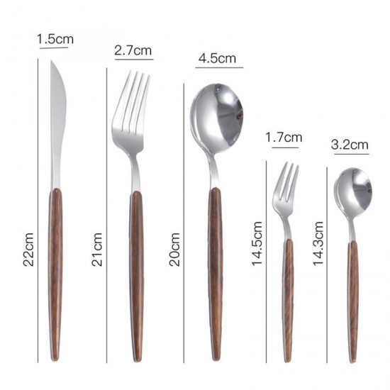 Picture of Golden - Stainless Steel Wood Handle Knife Fork Spoon 5PCs Set Flatware Cutlery Tableware 16cm - 22.5cm long, 1 Set