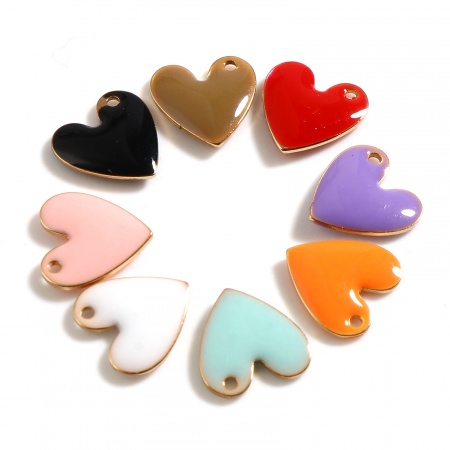 Ottone San Valentino Charms Oro Placcato Multicolore Cuore Paillettes Smaltate su Entrambi i lati 10mm x 10mm, 5 Pz