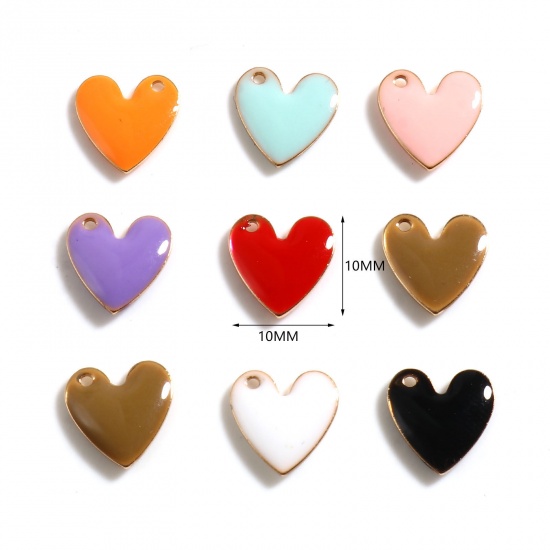 Bild von Messing Valentinstag Charms Herz Vergoldet Bunt Doppelseitige emaillierte Pailletten 10mm x 10mm, 5 Stück                                                                                                                                                     