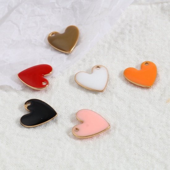 Bild von Messing Valentinstag Charms Herz Vergoldet Bunt Doppelseitige emaillierte Pailletten 10mm x 10mm, 5 Stück                                                                                                                                                     