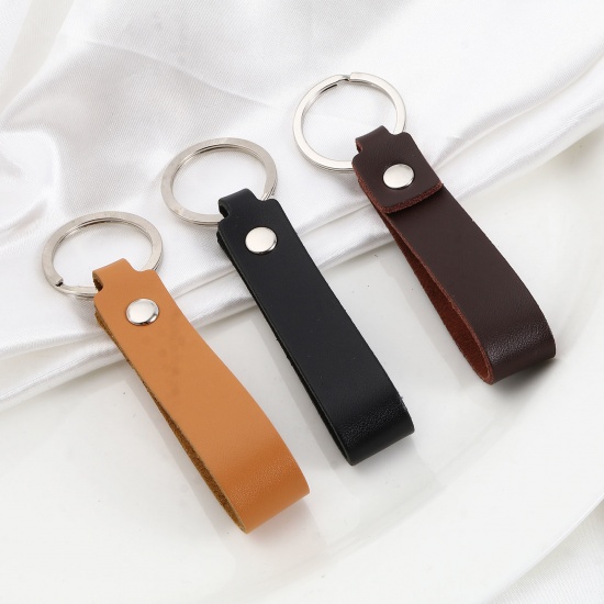 Picture of Cowhide Leather Keychain & Keyring Silver Tone Dark Coffee Rectangle 10.8cm, 2 PCs