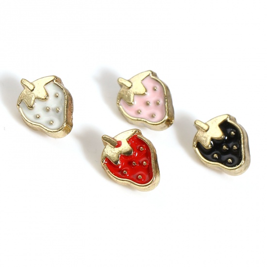 Picture of Zinc Based Alloy Doll Toy Accessories Metal Sewing Shank Buttons Gold Plated Pink Strawberry Fruit Enamel 6mm x 4.5mm, 30 PCs