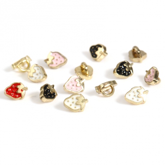 Picture of Zinc Based Alloy Doll Toy Accessories Metal Sewing Shank Buttons Gold Plated Pink Strawberry Fruit Enamel 6mm x 4.5mm, 30 PCs