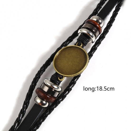 Bild von Rindleder Cabochon Fassung Geflochtene Armbänder Zubehör Rund Bronzefarbe Schwarz Verstellbar (für 20mm) 18.5cm lang, 2 Strange