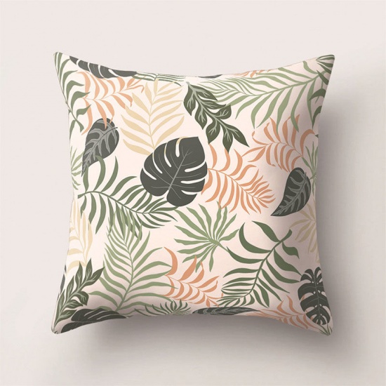 Immagine di White - 16# Plant Flower Leaf Printed Polyester Square Pillowcase Home Textile 45x45cm, 1 Piece