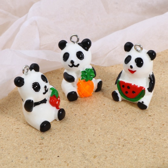 Picture of Resin Charms Panda Animal Strawberry Silver Tone Black & White 26mm x 20mm - 25mm x 19mm, 5 PCs