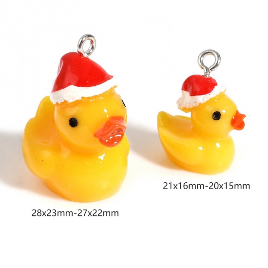 Imagen de Resina Colgantes Charms Pato Tono de Plata Naranja Sombreros de Navidad 28mm x 23mm - 27mm x 22mm, 5 Unidades
