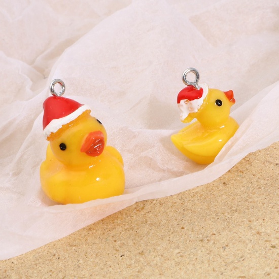 Picture of Resin Charms Duck Animal Christmas Hats Silver Tone Orange 28mm x 23mm - 27mm x 22mm, 5 PCs