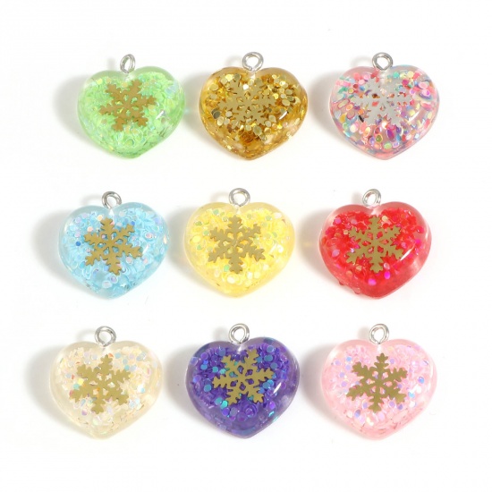 Picture of Acrylic Christmas Charms Heart Silver Tone Multicolor Sequins Snowflake 20.5mm x 20mm, 5 PCs