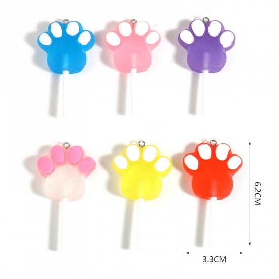 Picture of Resin Pendants Lollipop Paw Claw Silver Tone Multicolor 6.2cm x 3.3cm, 5 PCs