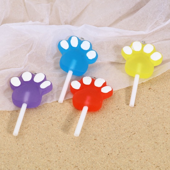 Picture of Resin Pendants Lollipop Paw Claw Silver Tone Multicolor 6.2cm x 3.3cm, 5 PCs