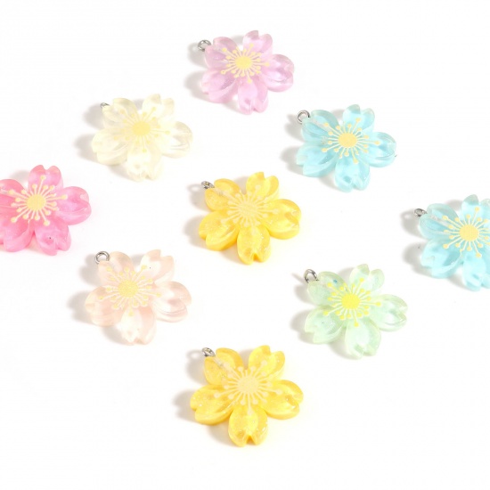 Picture of Resin Charms Flower Silver Tone Multicolor Glitter 28mm x 27mm, 10 PCs
